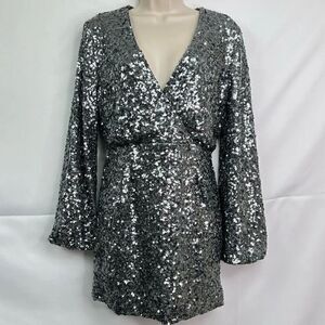 OPT Silver and Black Fully Sequined Wrap top long sleeve mini dress Brand New